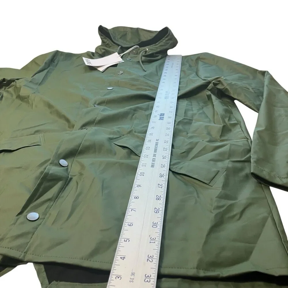 Rains Jacket Men’s XL Green Waterproof‎ Hooded Raincoat Snap Button Travel City